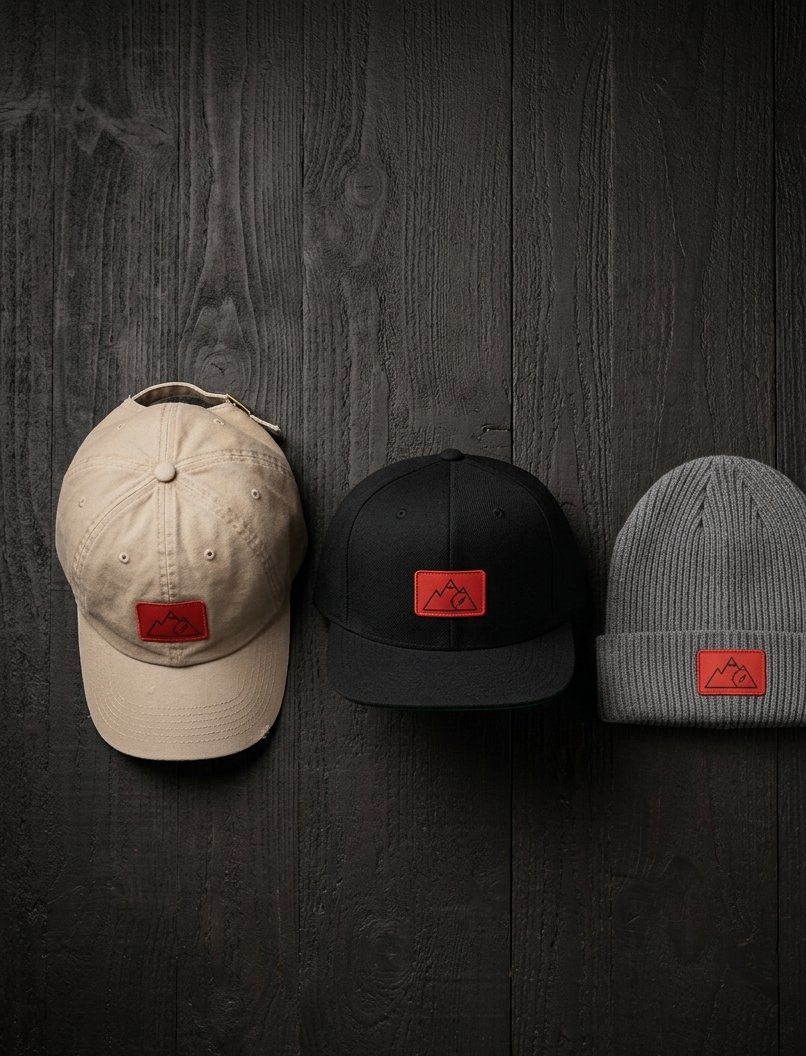 Custom printed hats and headwear — tan dad hat, black snapback and gray beanie with red patch logos