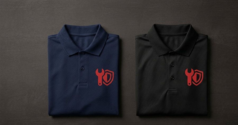 Custom printed polos and uniforms — navy and black folded polo shirts with red vinyl chest logos