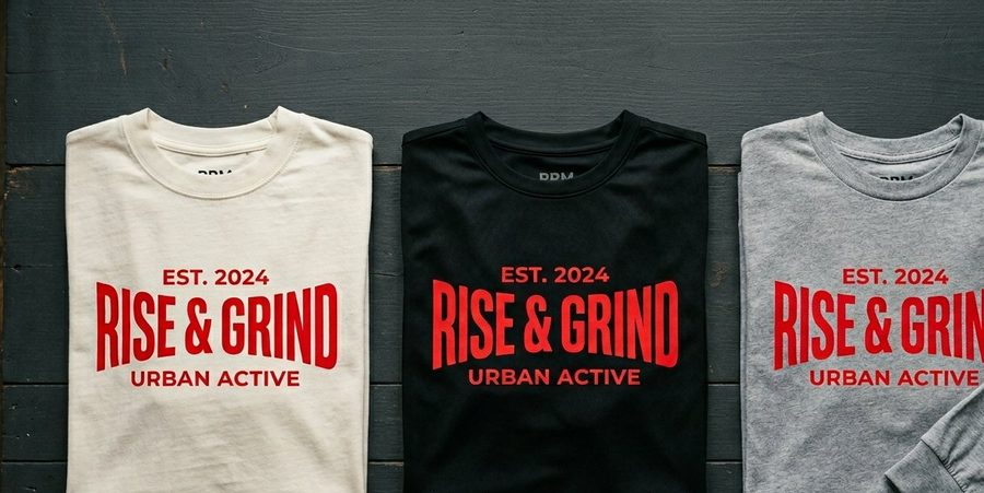 Custom printed tees and tops — cream, black and gray folded t-shirts with red heat transfer graphics