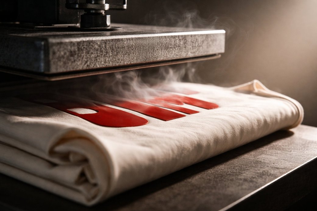 Heat press in action — red HTV vinyl bonding to a cream cotton t-shirt with steam rising