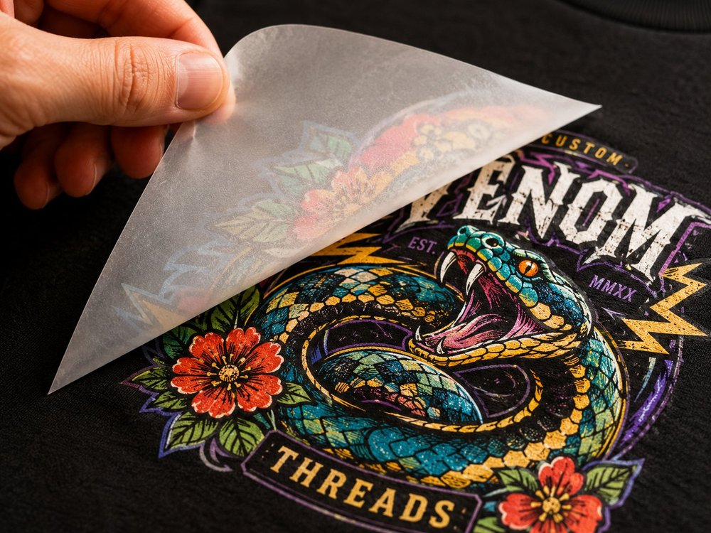 DTF transfer being peeled off a black t-shirt — Venom Threads snake illustration in full color