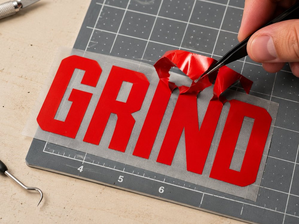 HTV vinyl being weeded — red GRIND lettering on a cutting mat with weeding tools
