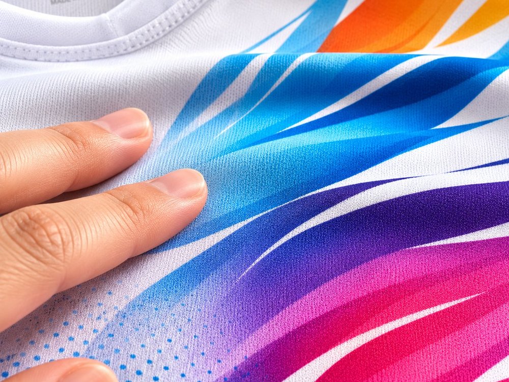 Sublimation print on white polyester moisture-wicking jersey — multicolor rainbow stripes bonded into the fabric