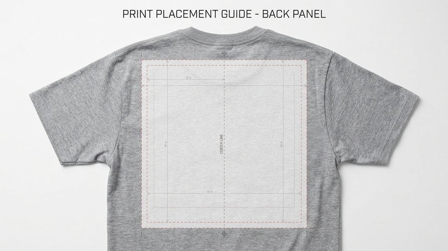 Back panel print placement guide — gray t-shirt with 12in × 16in print area marked on back