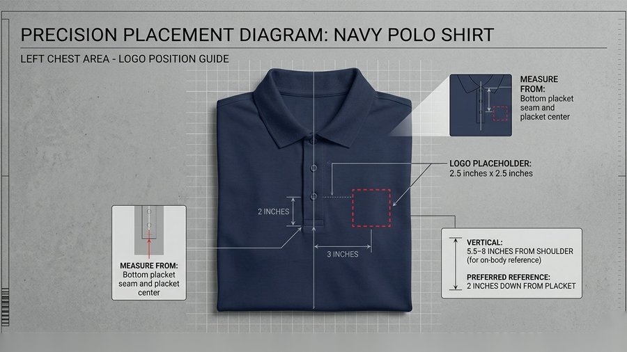 Left chest placement diagram on navy polo — 2.5 × 2.5 inch logo area, 2 inches down from placket