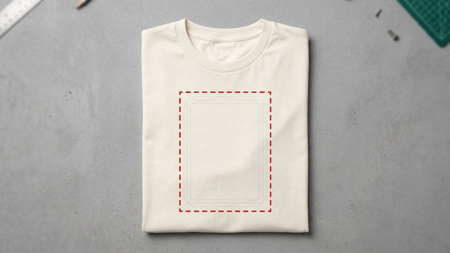 Front center print placement guide — folded cream t-shirt with red dashed print area on chest