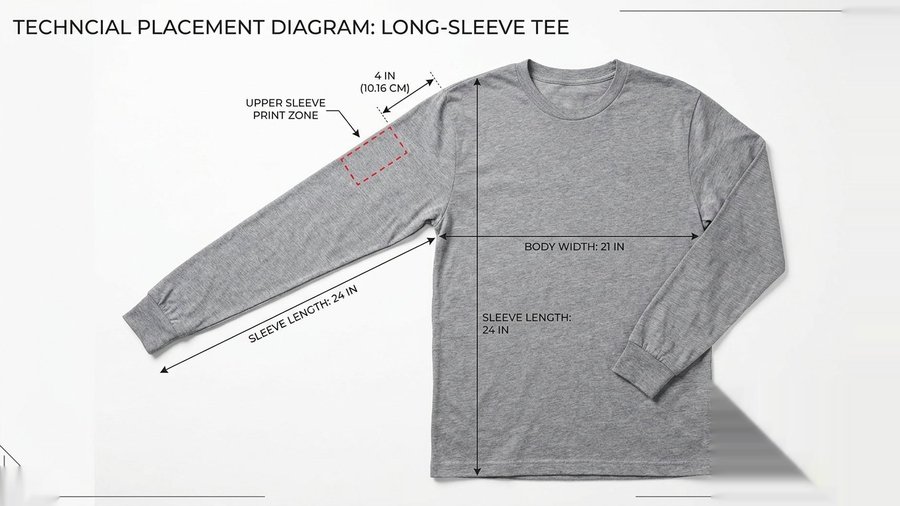 Sleeve placement diagram on gray long-sleeve tee — upper sleeve print zone marked 4 inches