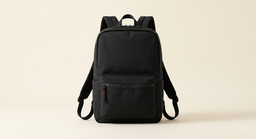 Backpack — black ballistic nylon daypack with front zip pocket