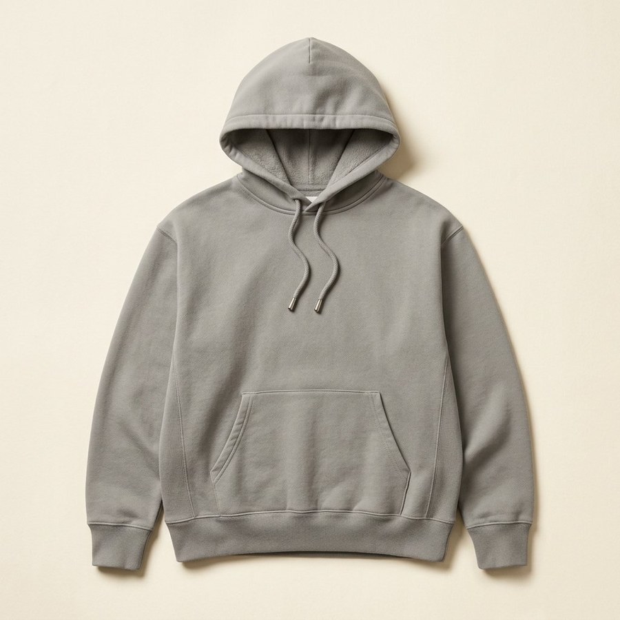 Heavyweight Hoodie — gray fleece pullover with drawstring hood
