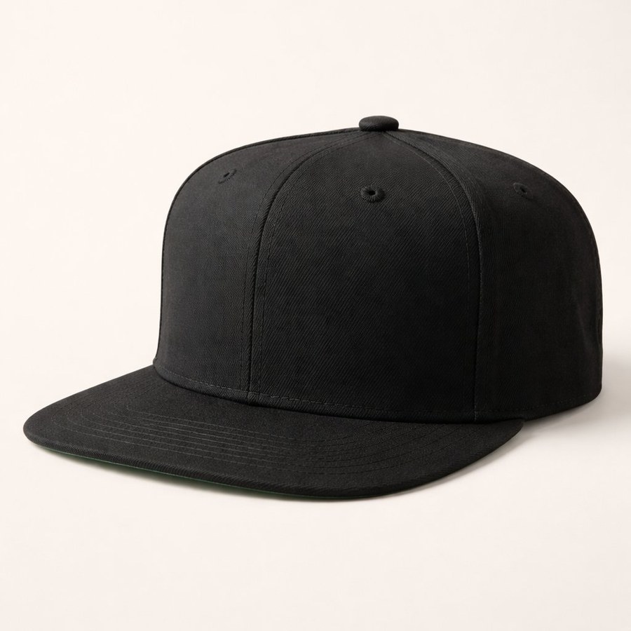 Snapback — black structured 6-panel flat-brim snapback cap
