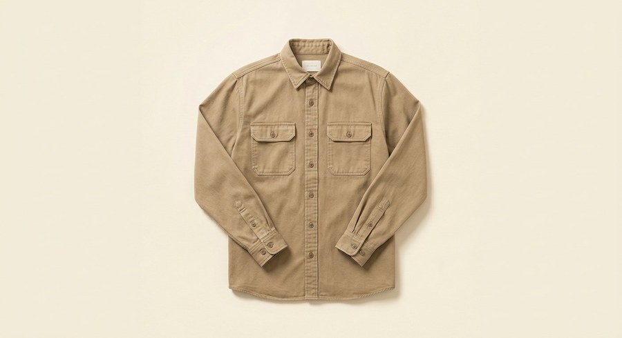 Work Shirt — khaki button-up cotton work shirt with chest pockets