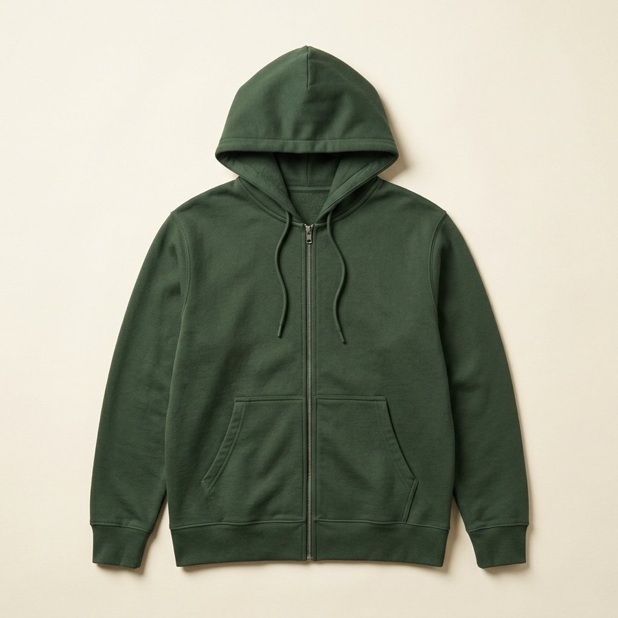 Zip-Up Hoodie — forest green full-zip hoodie with kangaroo pockets