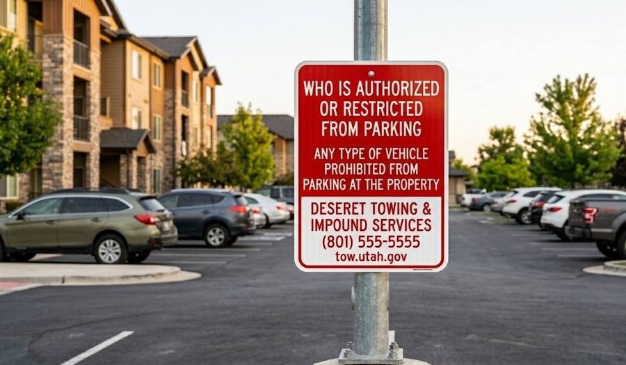 §7 bottom sign in apartment complex lot at dusk
