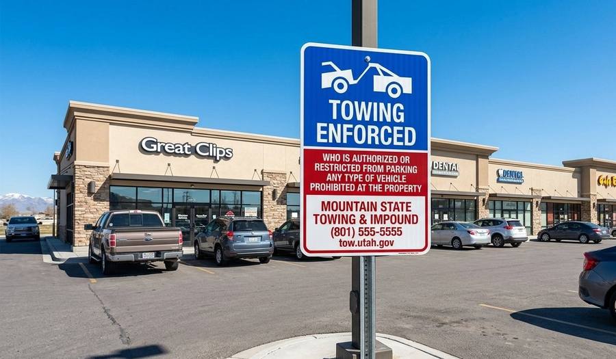 Towing sign at strip mall — Utah mountains