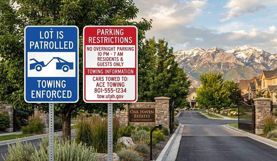 §7 pair signs at gated community entrance Utah